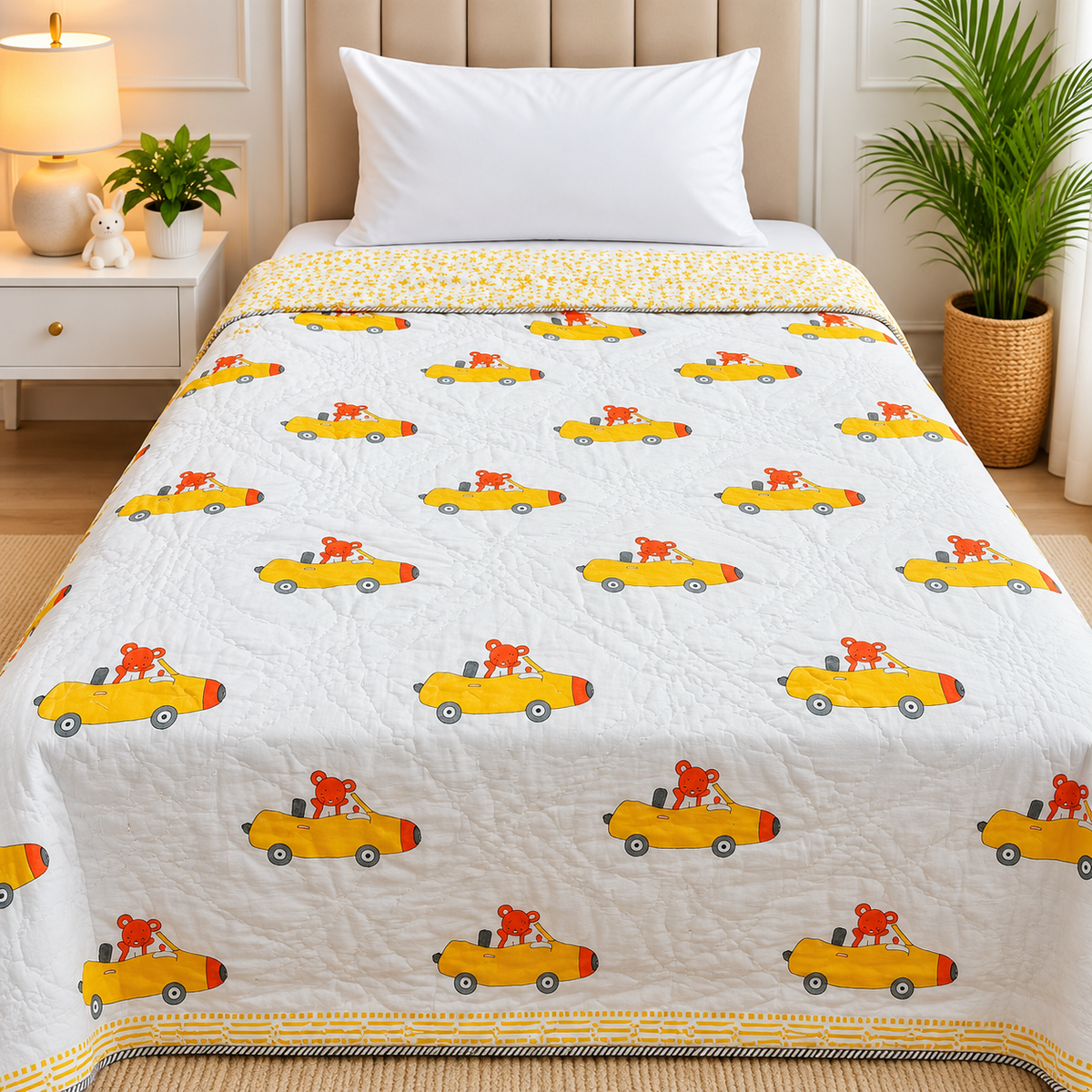 Cuddle Clouds Handblock Printed Single Bed Ac Mul-Mul Quilt