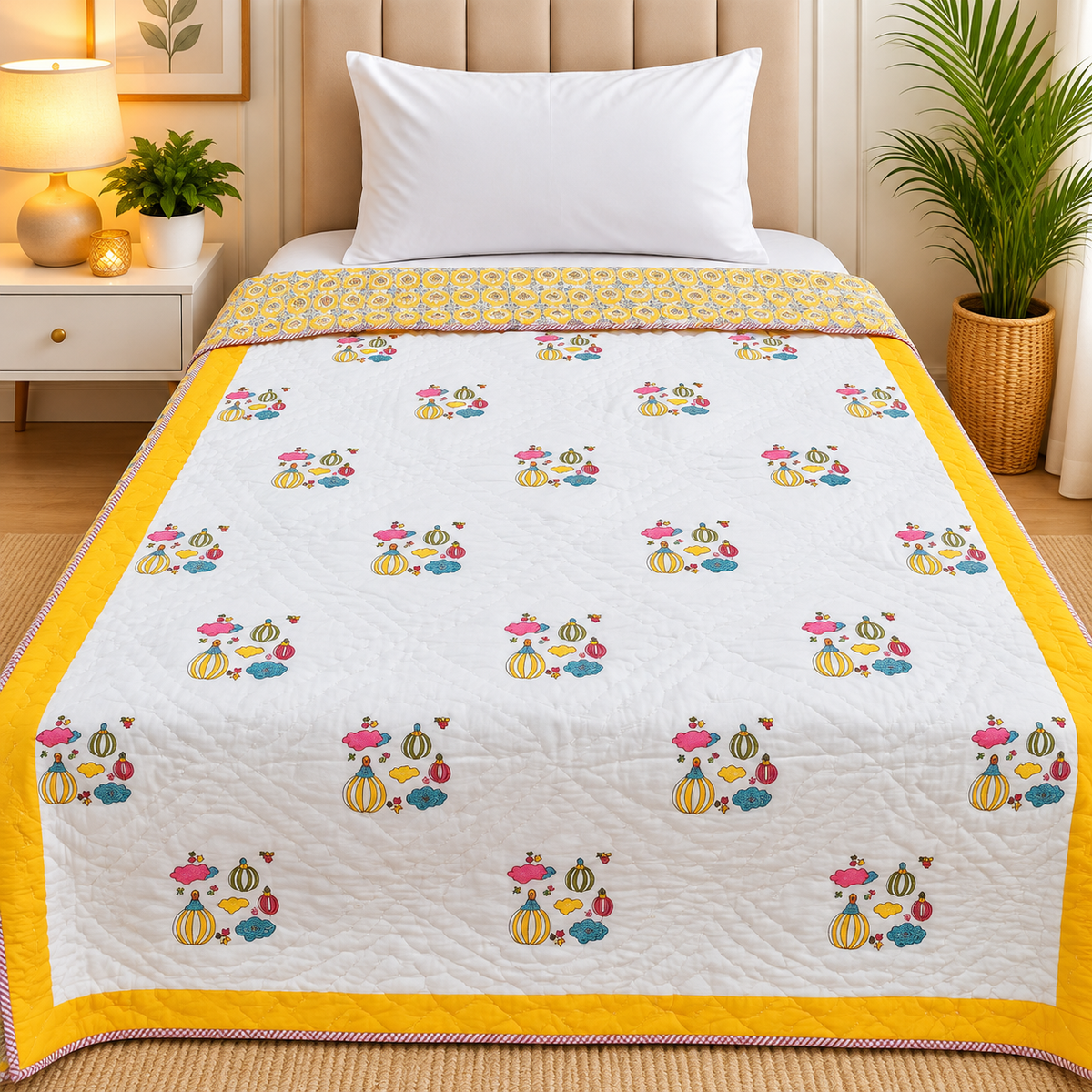 Cuddle Clouds Handblock Printed Single Bed Ac Mul-Mul Quilt