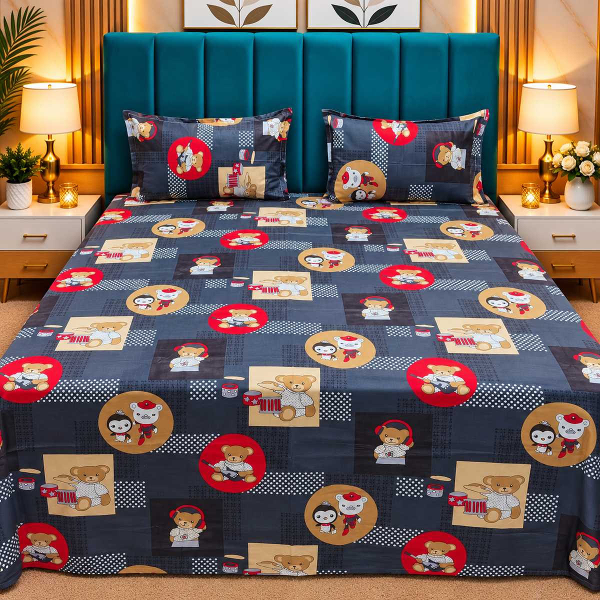Procian Premium Navy Blue & Grey Teddy Bear Printed Pure Cotton Queen-Size Bedsheet