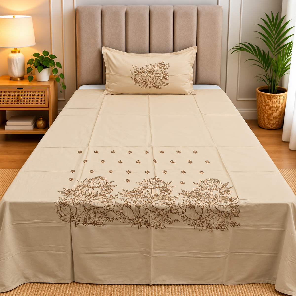 Orlina Premium Beige & Brown Floral Embroidered Single Bed Bedsheet