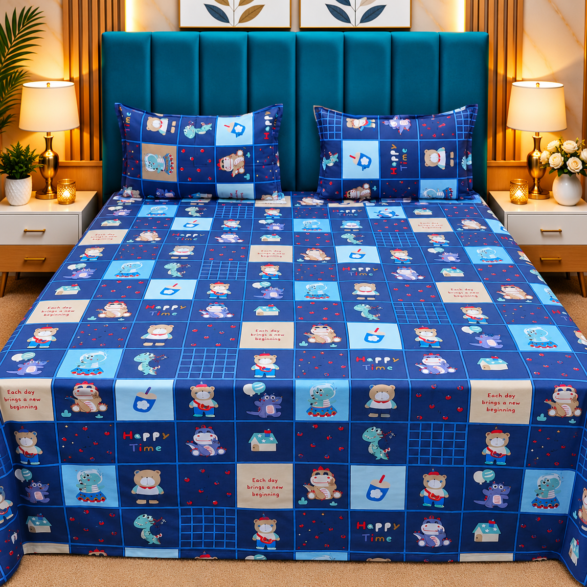 Procian Premium Navy Blue & Sky Blue Cartoon Printed Pure Cotton Queen-Size Bedsheet