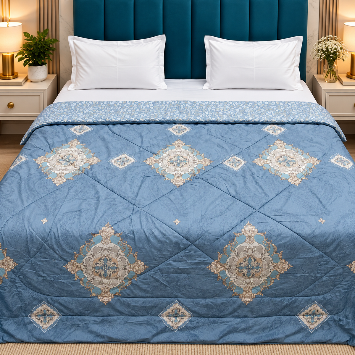 Tencel Premium Blue & Beige Medallion Printed Double Bed Comforter
