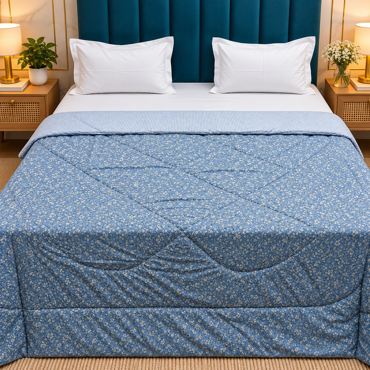 Tencel Premium Blue & White Floral Printed Double Bed Comforter