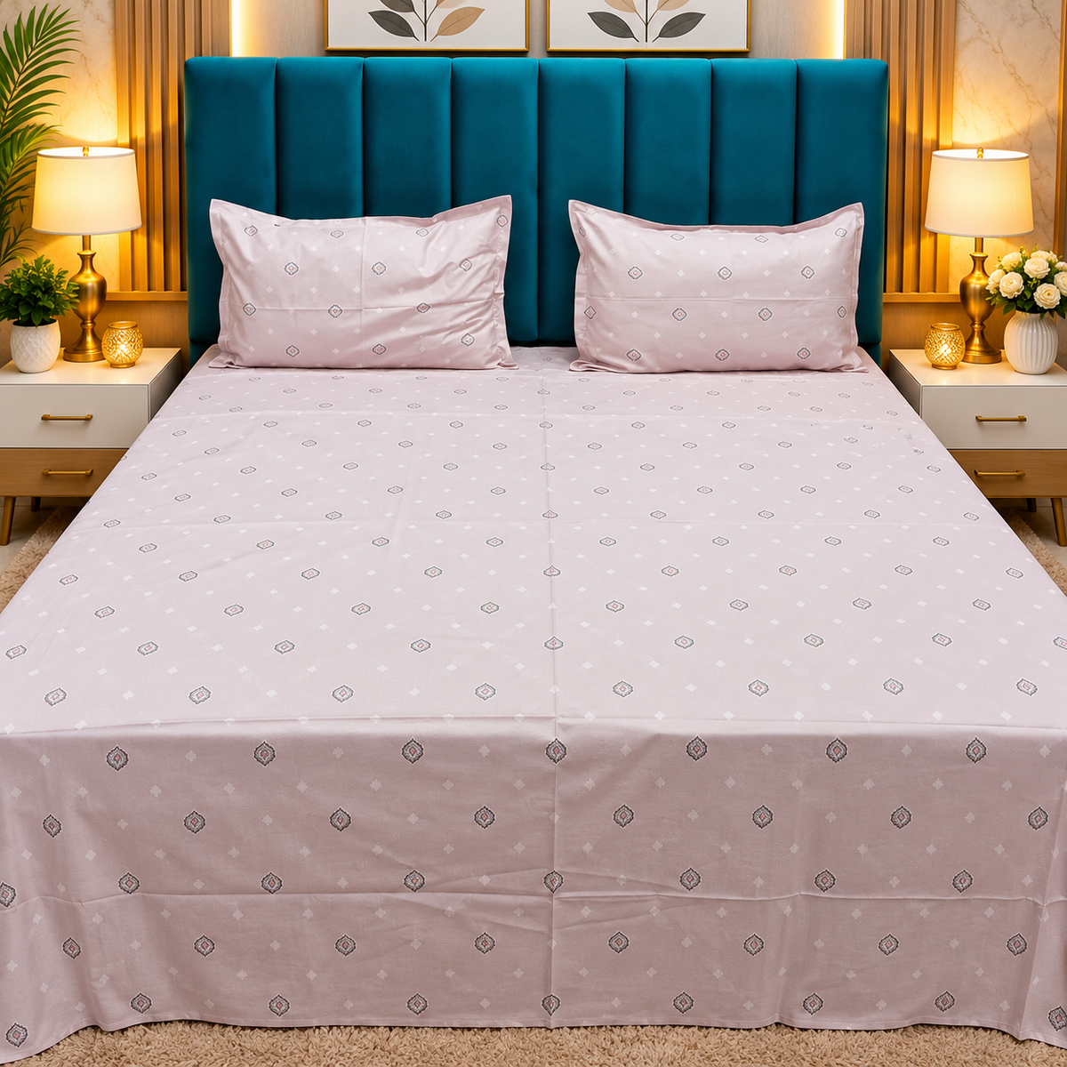 Glory Premium Blush Pink Geometric Printed Queen Size Pure Cotton Bedsheet