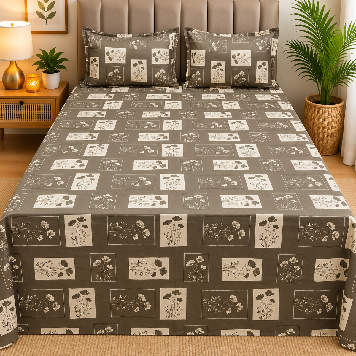 Rustic Bloom Premium Taupe & Beige Floral Printed Diwan Set with 2 Pillow Covers