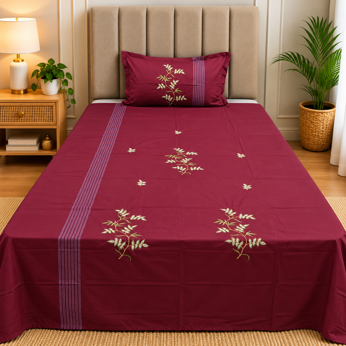 Orlina Premium Burgundy & Golden Floral Embroidered Single Bed Bedsheet
