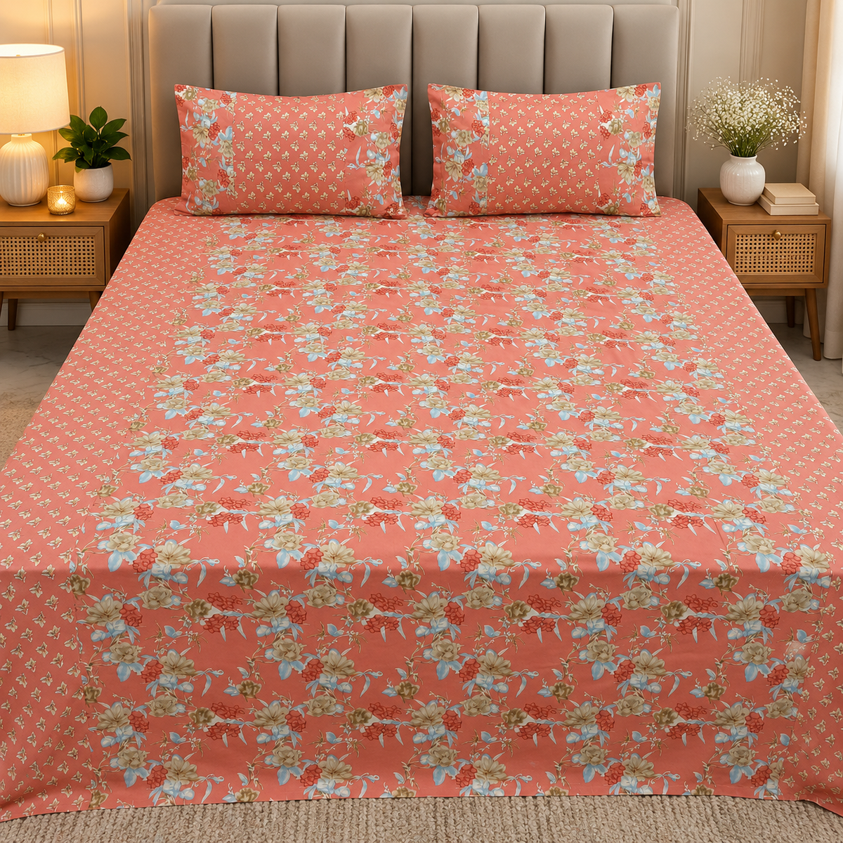 Ajrak Royal Coral Peach & Ivory Floral Heritage Printed King Size Bedsheet
