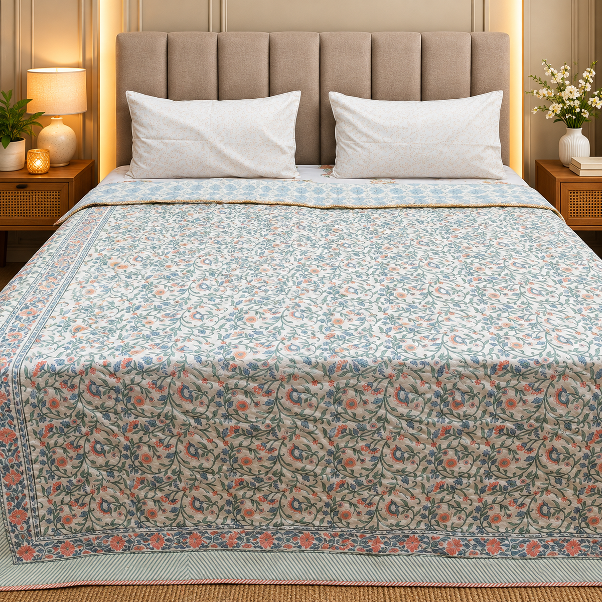 Rang Mahal Elegant Ivory & Multicolor Floral Printed Double Bed Pure Mul Cotton AC Quilt
