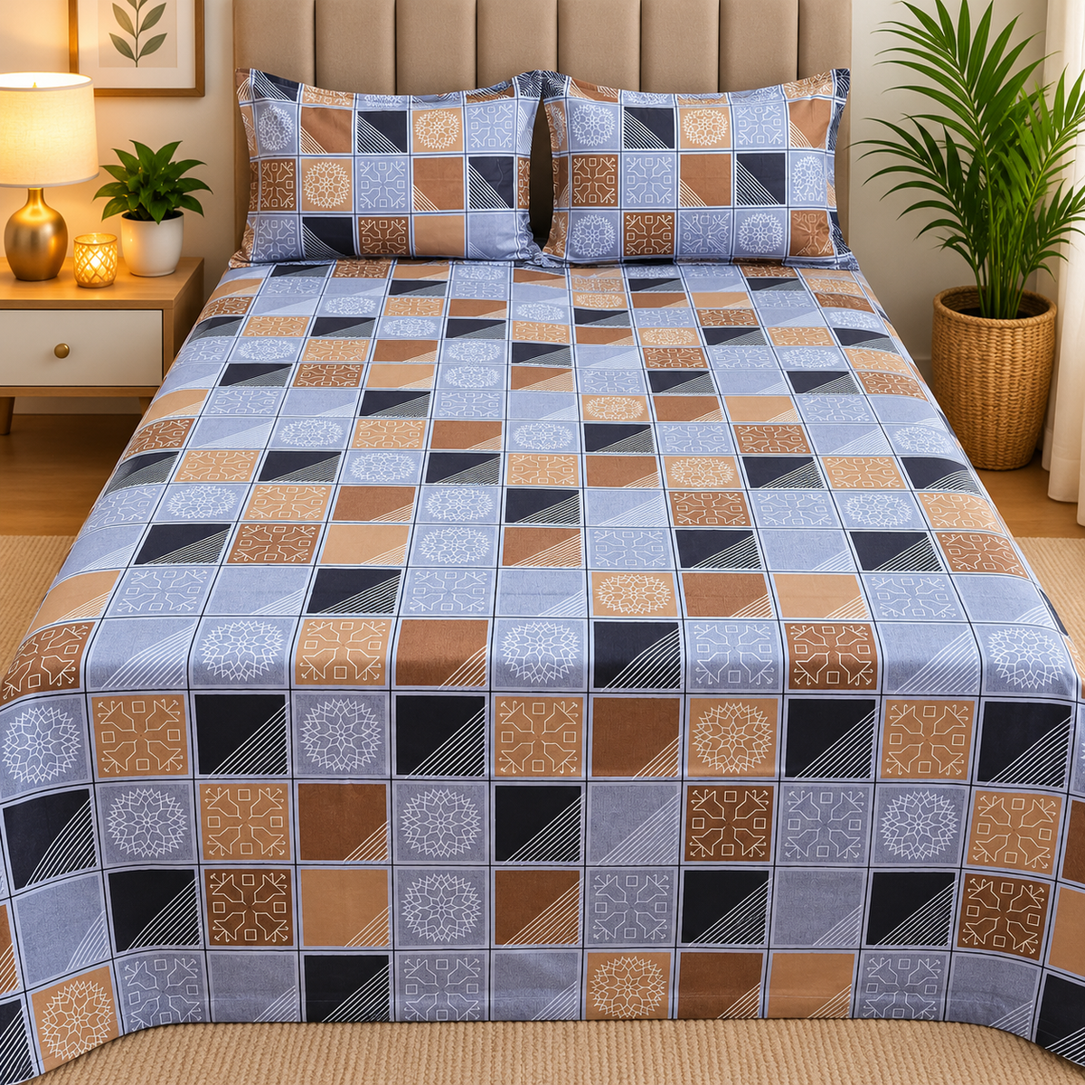 Rustic Bloom Premium Blue, Brown & Grey Geometric Printed Diwan Set with 2 Pillow Covers