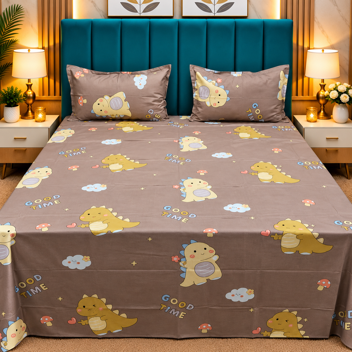 Procian Premium Taupe Brown & Mustard Yellow Dinosaur Printed Pure Cotton Queen-Size Bedsheet