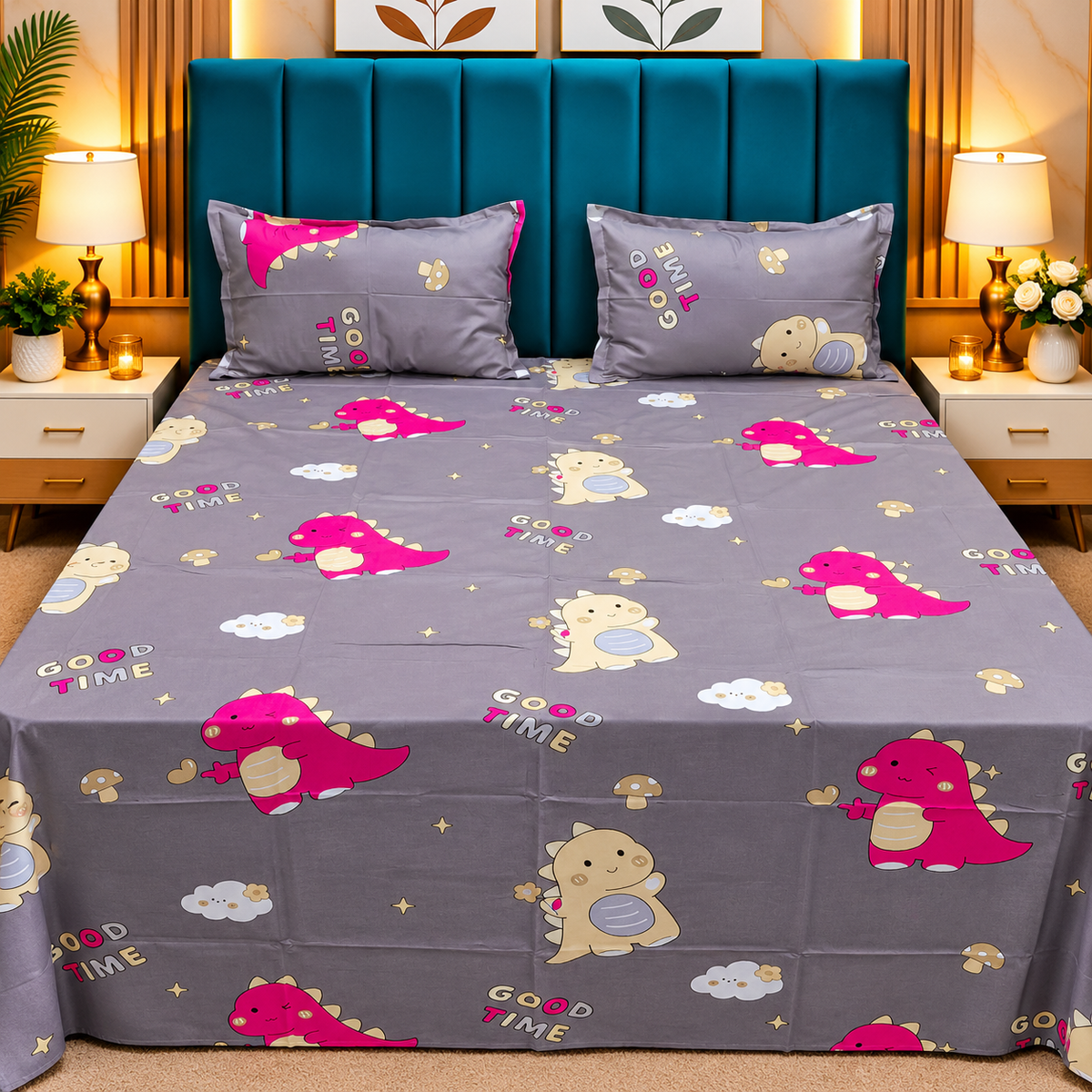 Procian Premium Grey & Pink Dinosaur Printed Pure Cotton Queen-Size Bedsheet