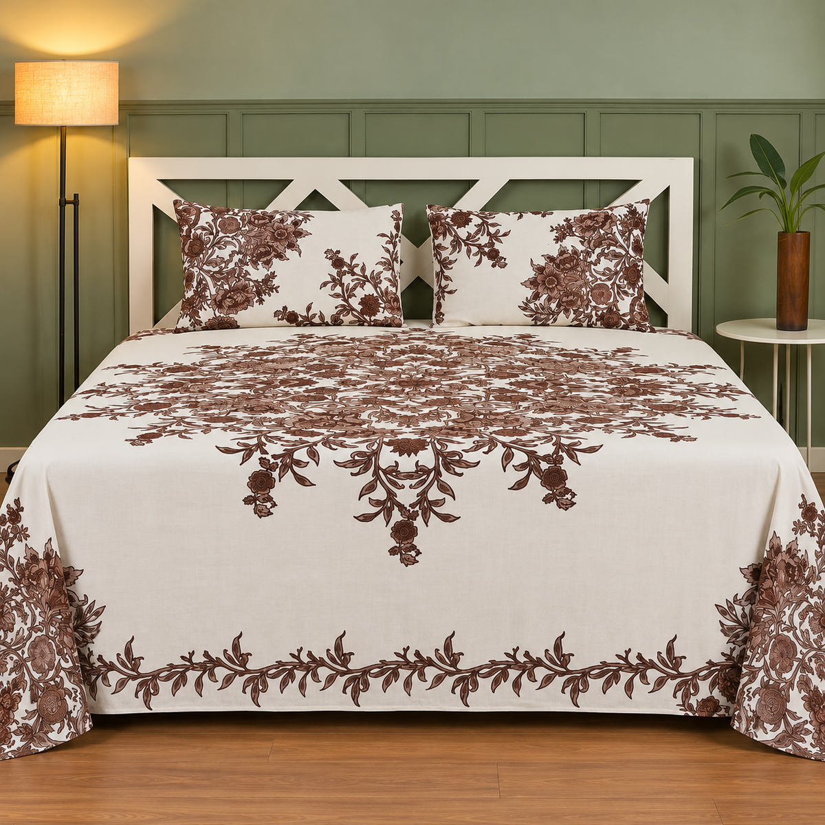 Mughal Utsav Premium Pure Cotton King Size Ivory & Brown Floral Printed Bedsheet Set