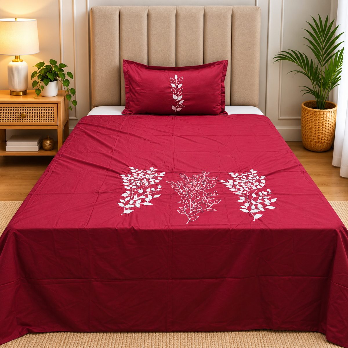 Orlina Premium Maroon & White Botanical Embroidered Single Bed Bedsheet