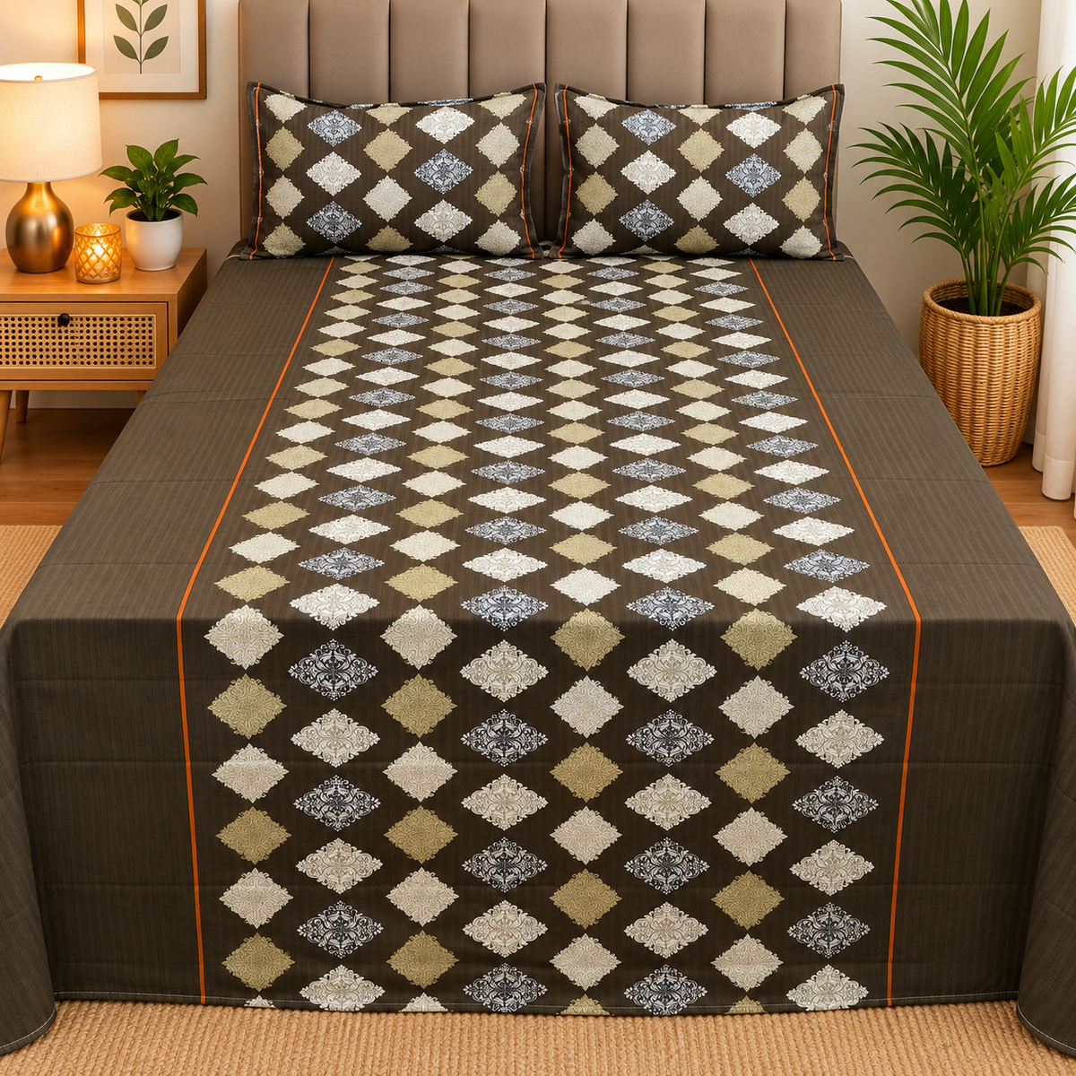 Rustic Bloom Premium Dark Brown & Beige Geometric Printed Diwan Set with 2 Pillow Covers