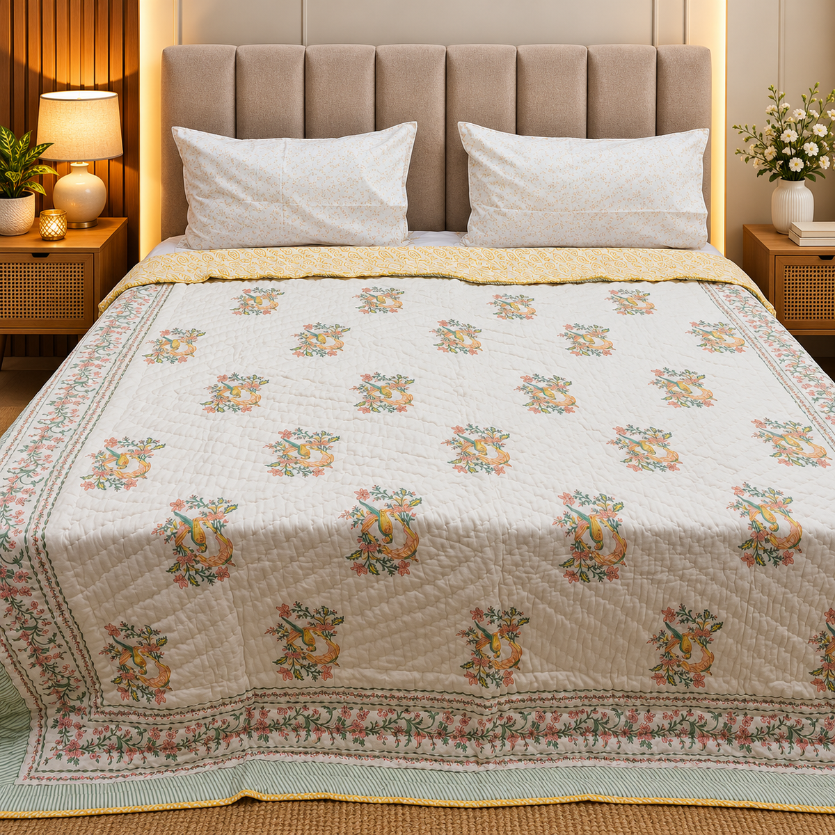 Rang Mahal Elegant Ivory & Multicolor Floral Printed Double Bed Pure Mul Cotton AC Quilt