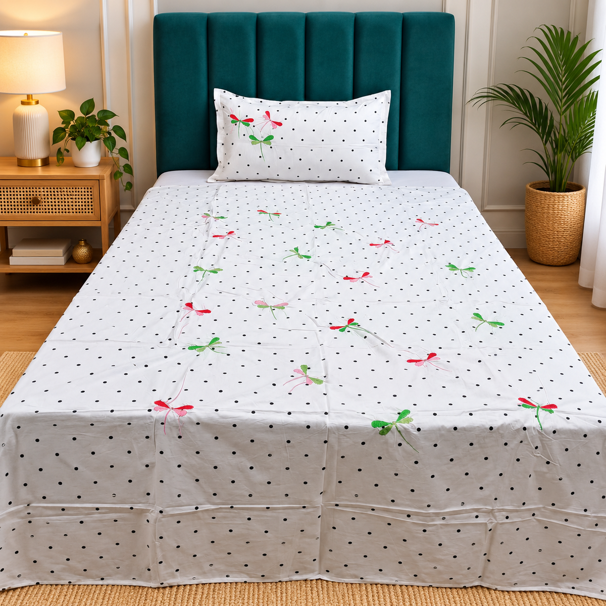 Orlina Premium White & Multicolor Dragonfly Embroidered Single Bed Bedsheet