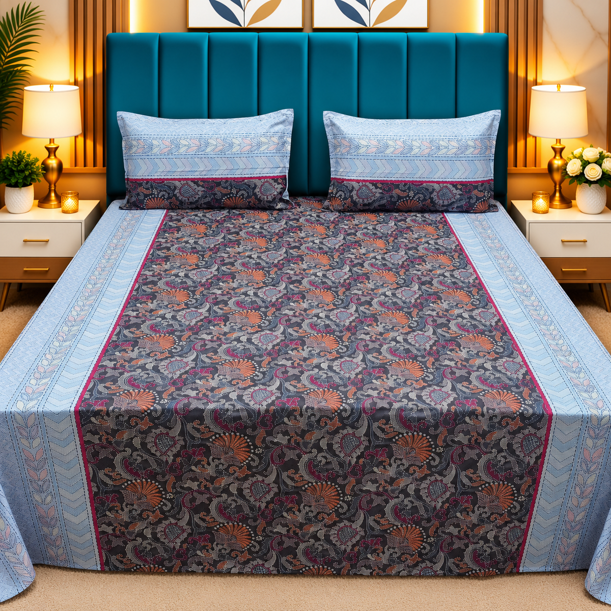 Procian Premium Navy Blue & Sky Blue Floral Paisley Printed Pure Cotton Queen-Size Bedsheet