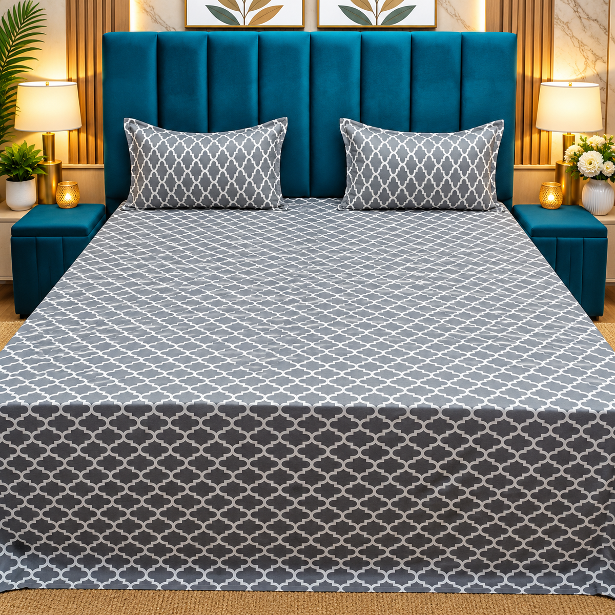 Procian Premium Grey & White Geometric Printed Pure Cotton King-Size Bedsheet