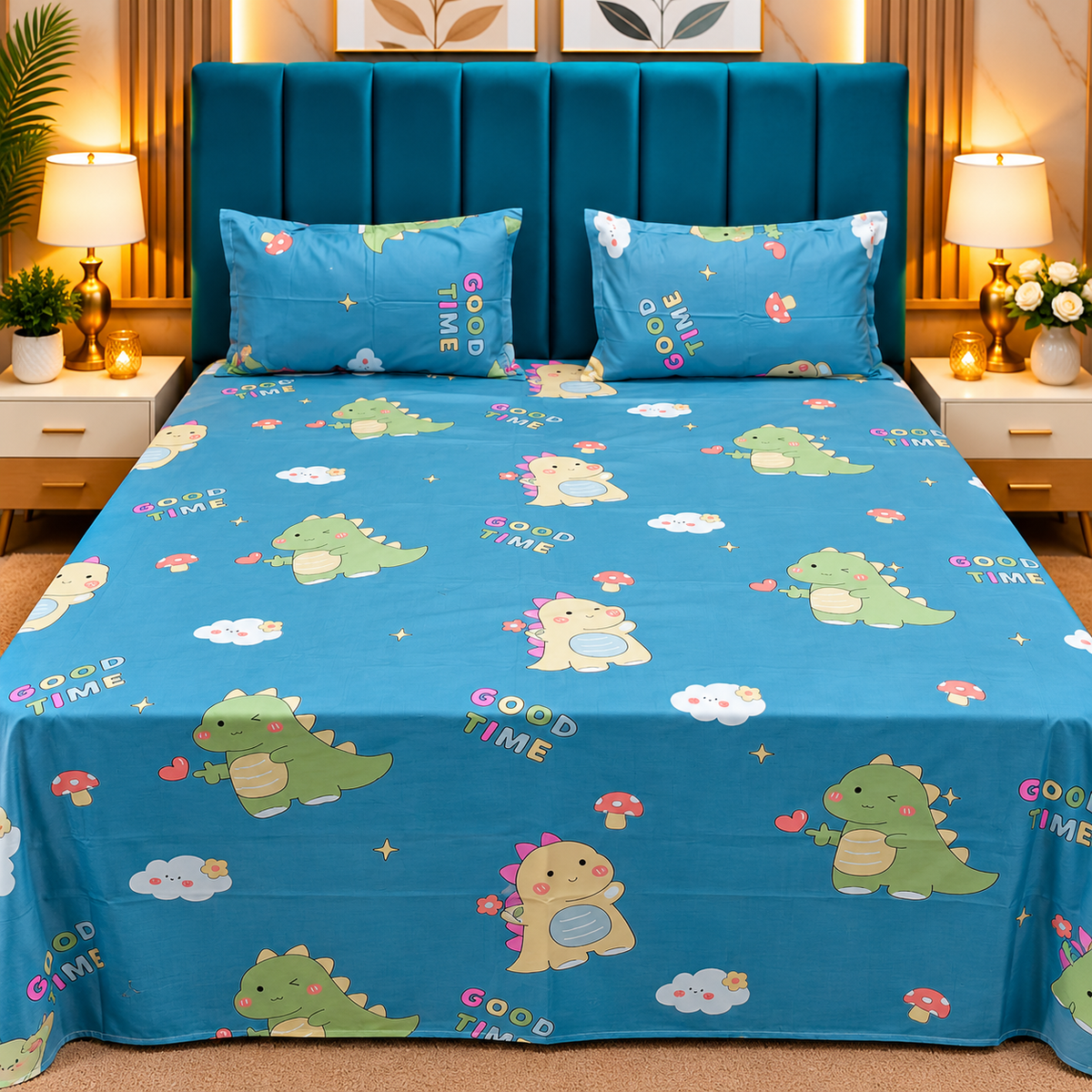 Procian Premium Sky Blue Dinosaur & Cartoon Printed Pure Cotton Queen-Size Bedsheet