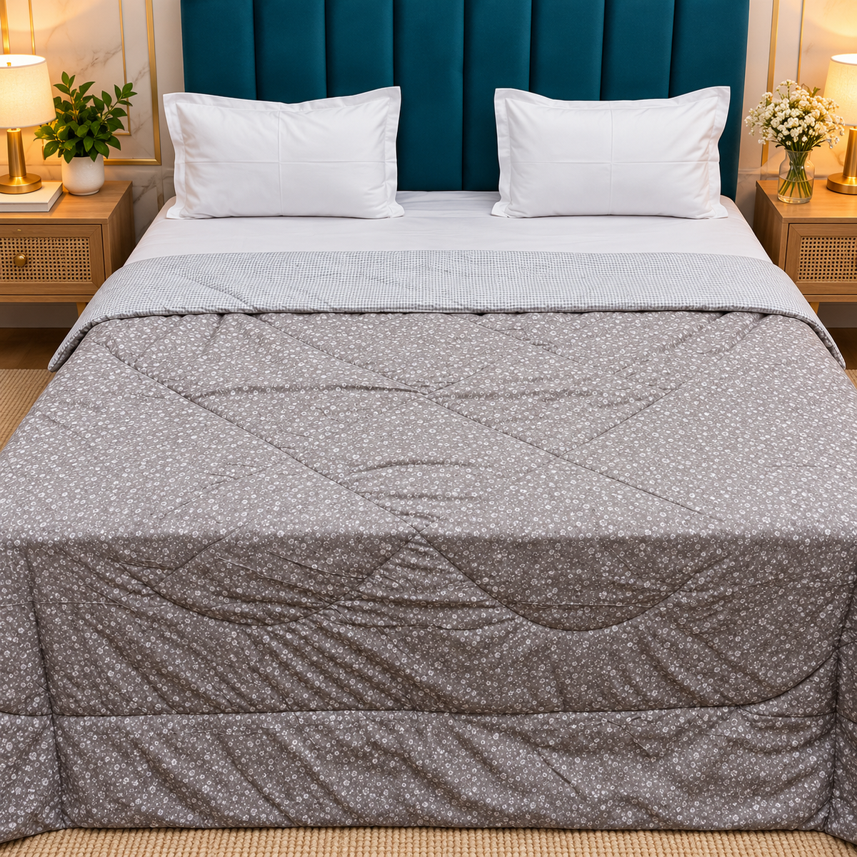 Tencel Premium Taupe & White Geometric Printed Double Bed Comforter