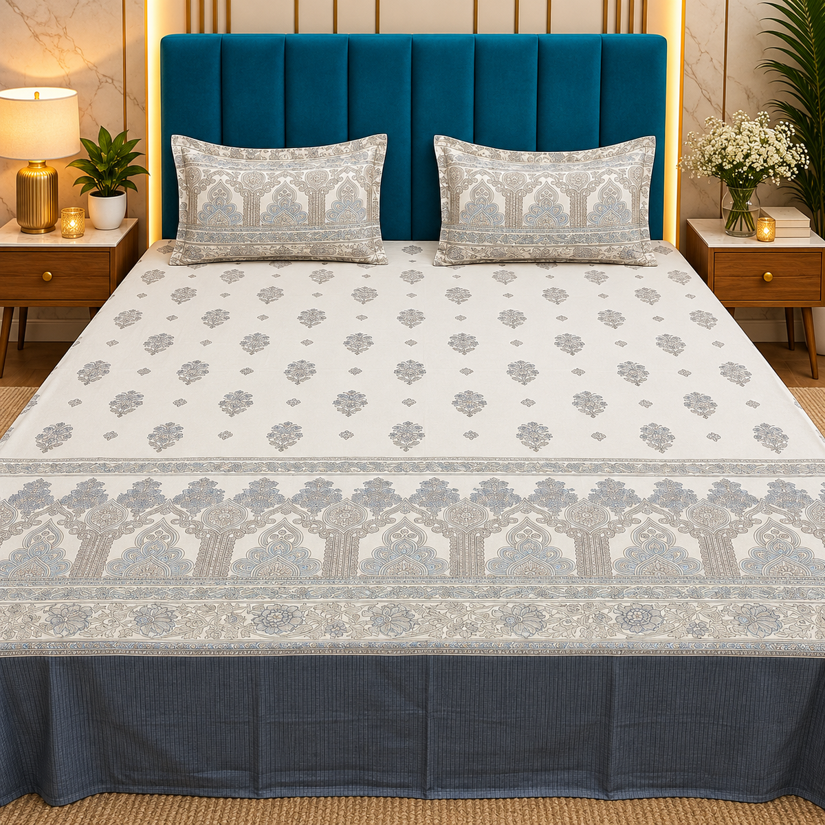 Artistry of India Premium Grey & Blue Floral Printed Pure Cotton King-Size Bedsheet Set