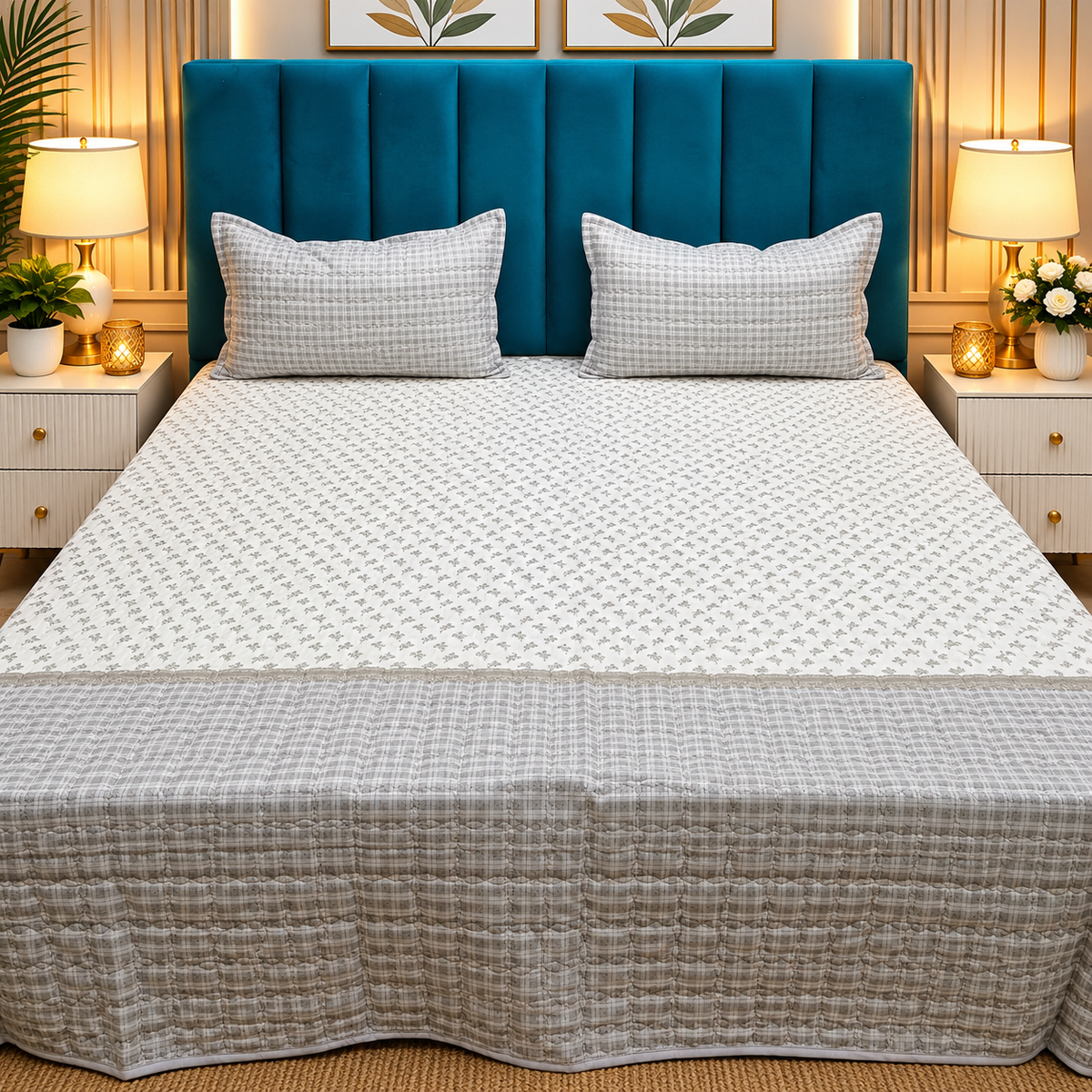 Victory Premium Grey & White Floral Printed Cotton Bedcover