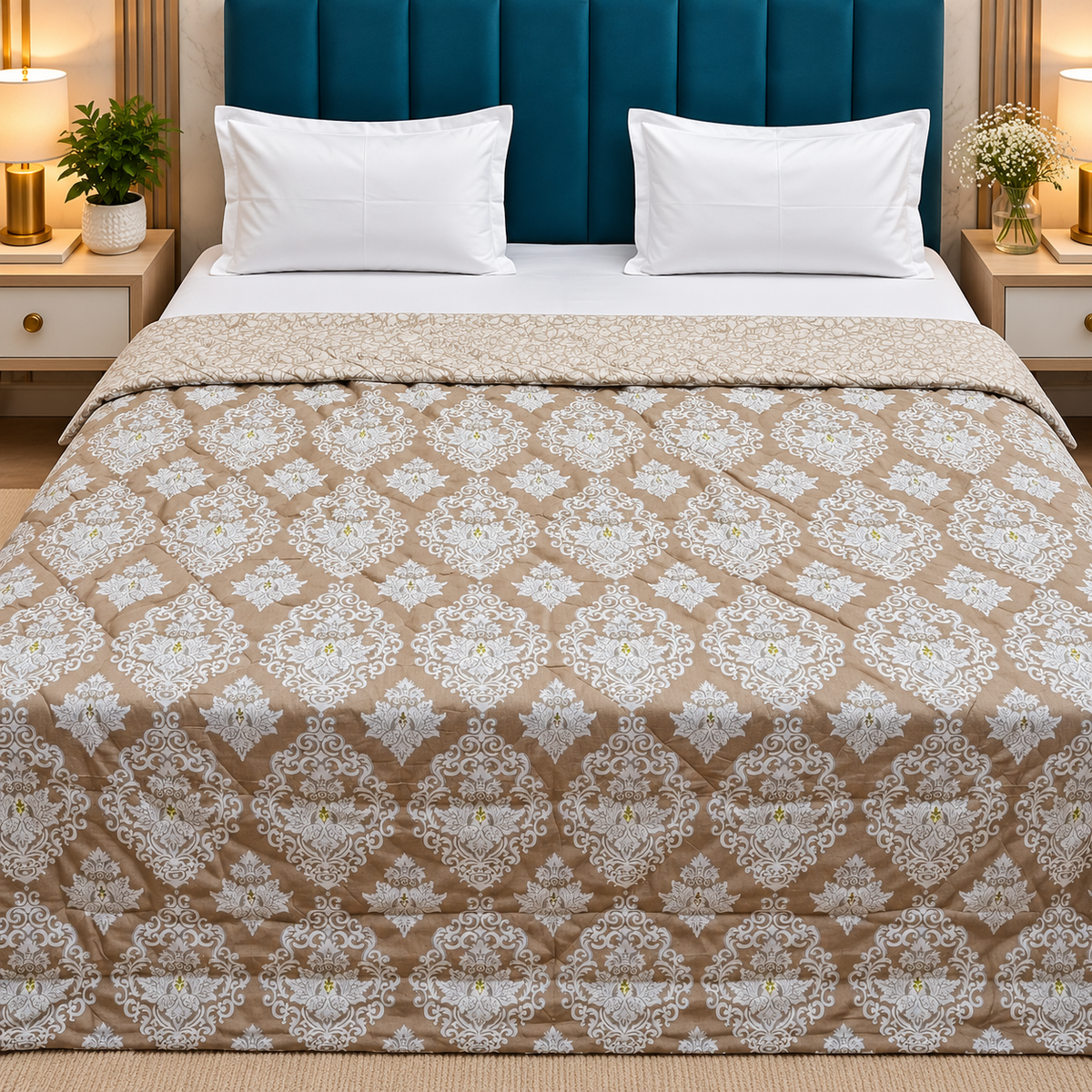 Tencel Premium Beige & Brown Damask Printed Double Bed Comforter