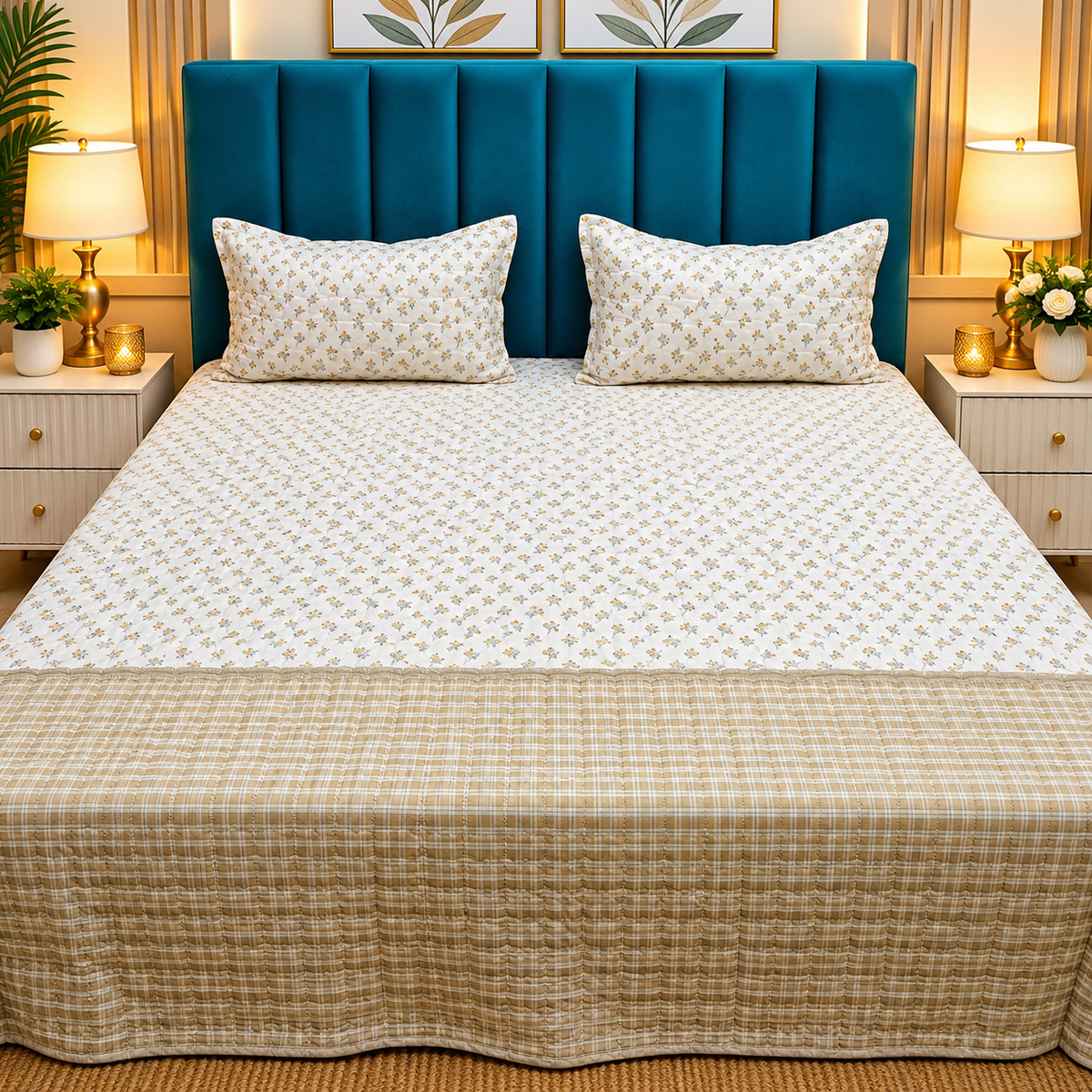 Victory Premium Beige & White Floral Printed Cotton Bedcover