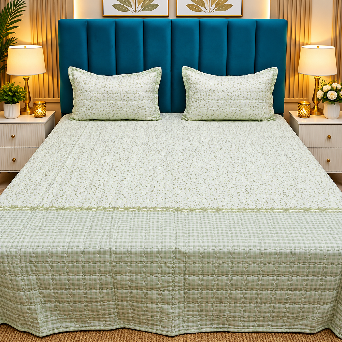 Victory Premium Green & White Checked Printed Cotton Bedcover