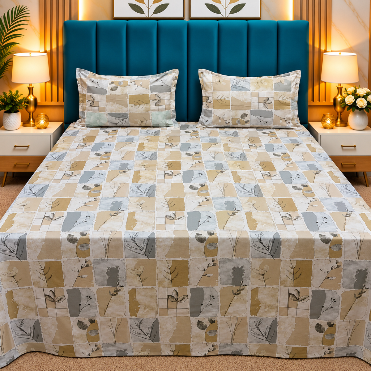 Glory Premium Beige & Grey Botanical Patchwork Printed Queen Size Pure Cotton Bedsheet