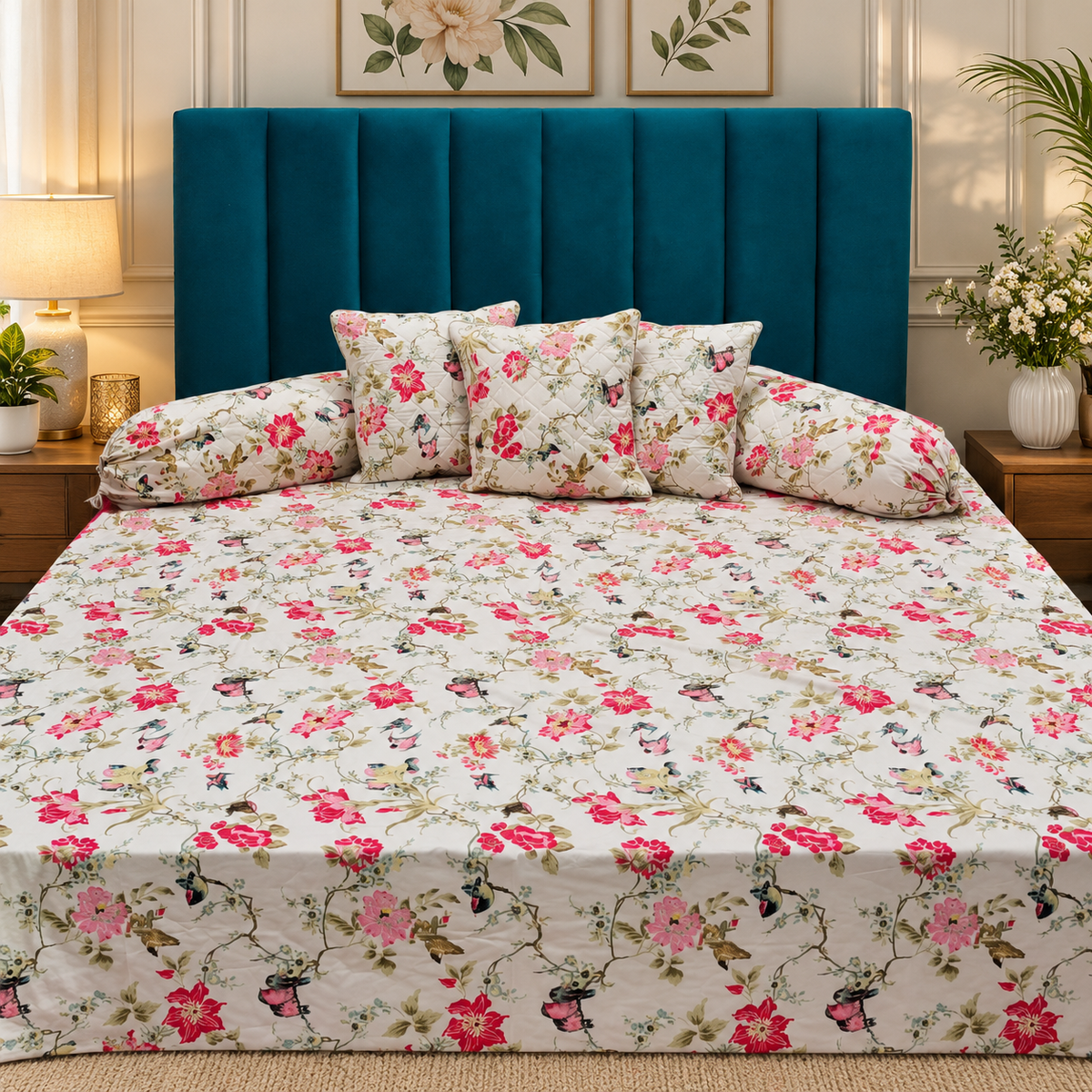 Florenza Premium White & Pink Floral Printed 8-Piece Pure Cotton Diwan Set