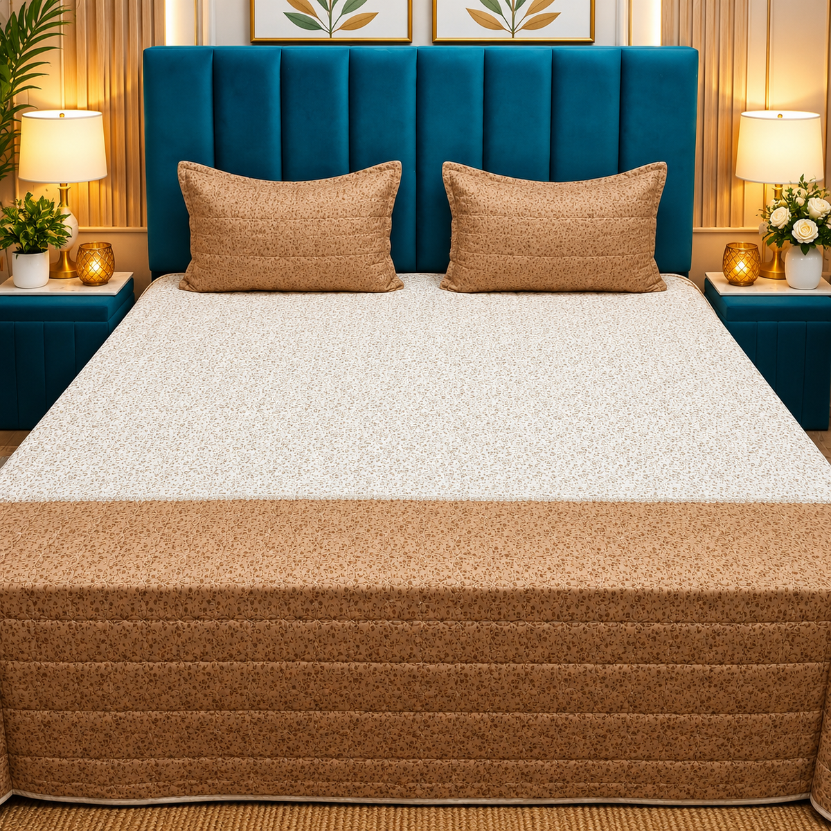 Victory Premium Beige & Brown Floral Printed Cotton Bedcover
