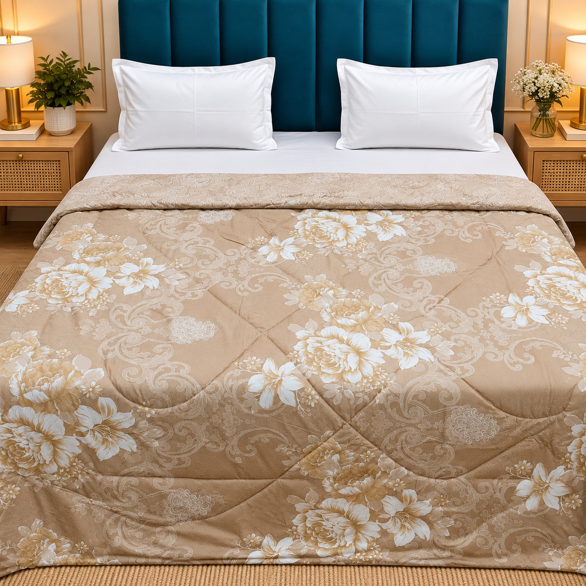 Tencel Premium Beige & Cream Floral Printed Double Bed Comforter