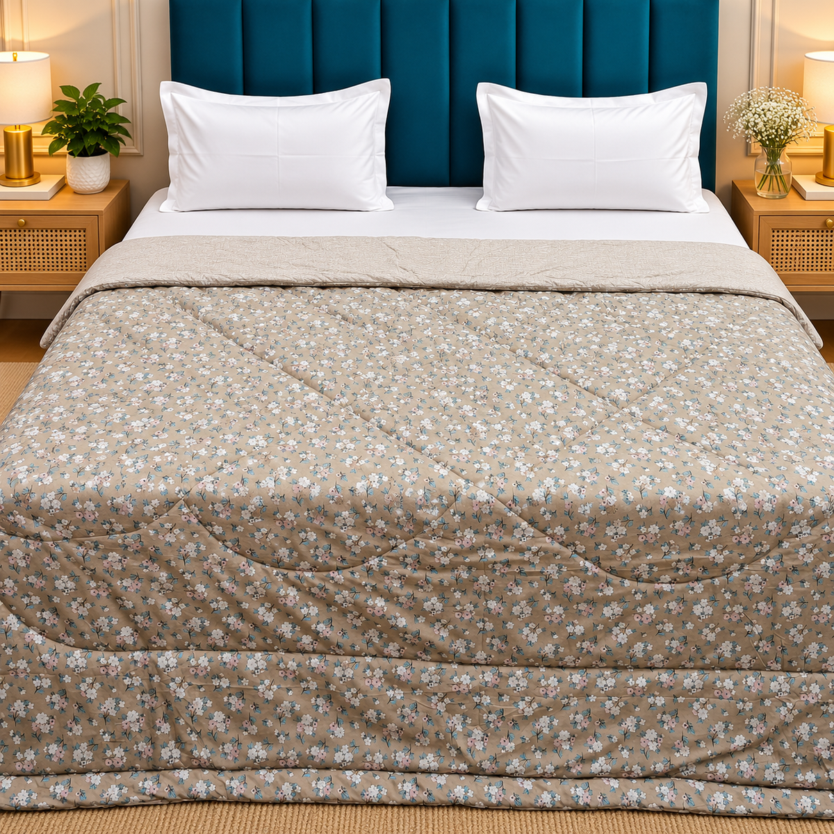 Tencel Premium Beige & Multicolor Floral Printed Double Bed Comforter