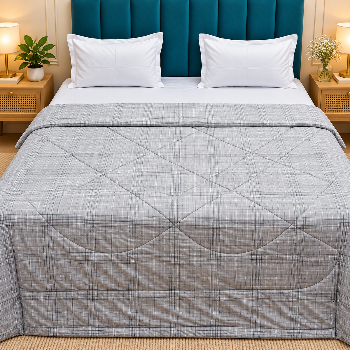 Tencel Premium Grey & Beige Plaid Printed Double Bed Comforter