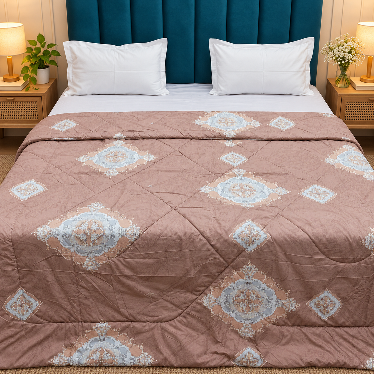 Tencel Premium Dusty Rose & Powder Blue Medallion Printed Double Bed Comforter