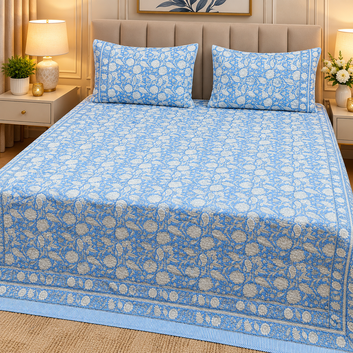 Sanganeri dreams Mul Cotton Handblock Printed king Size Quilted Bedcovers