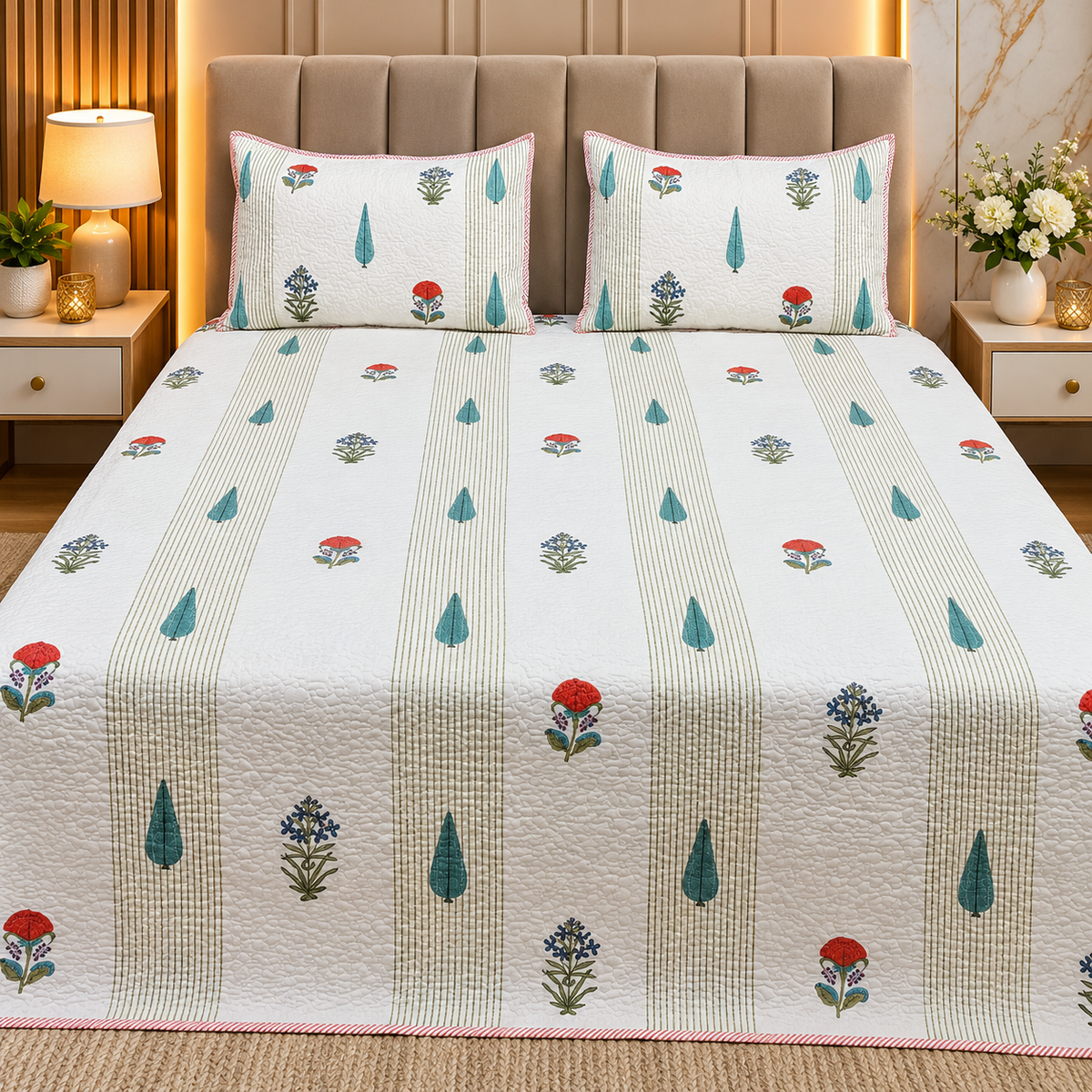 Sanganeri dreams Mul Cotton Handblock Printed king Size Quilted Bedcovers