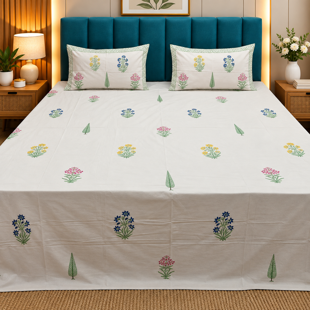 Percale Premium Floral Hand Block Printed Super King-Size Cotton Bedsheet (400TC)