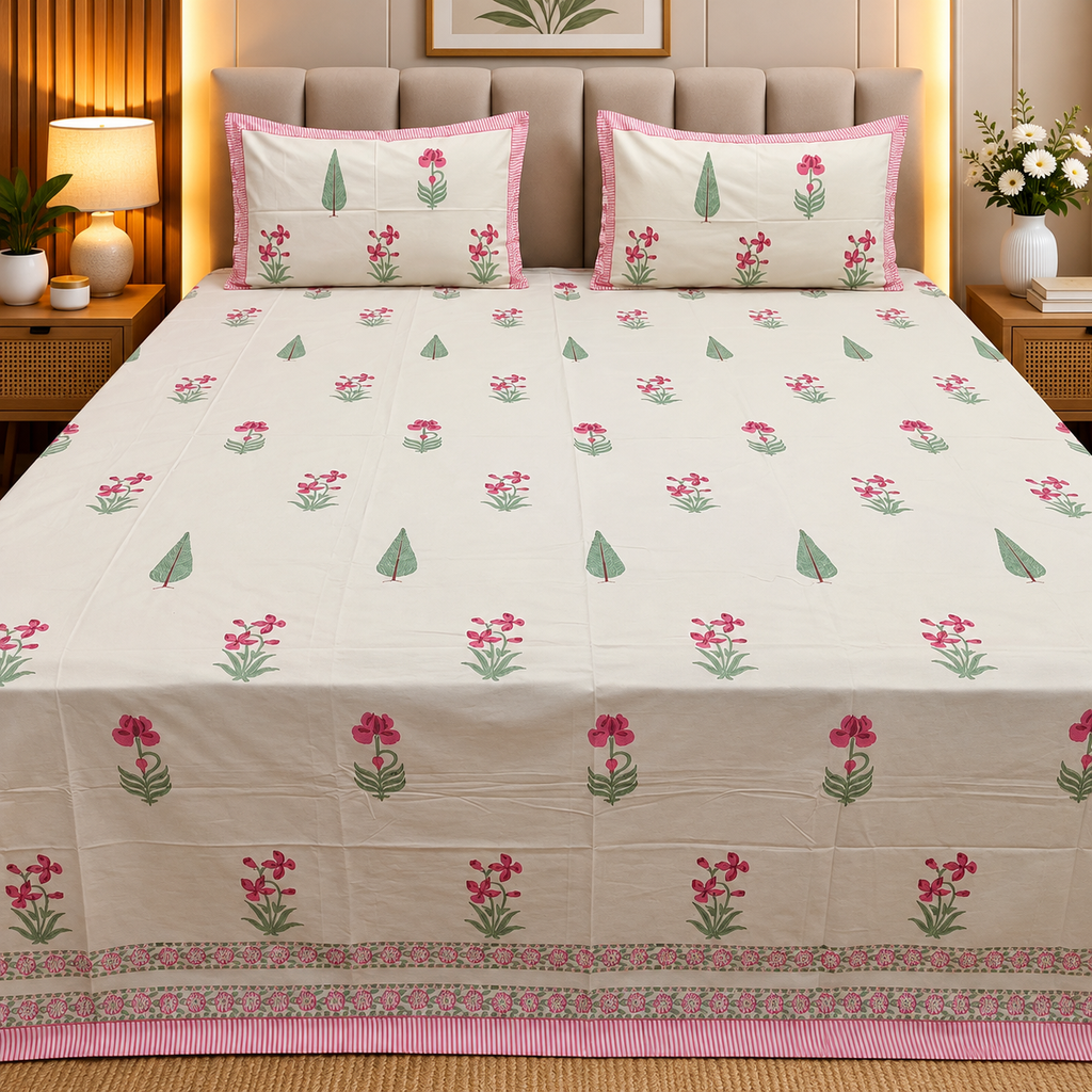 Percale Premium Floral Hand Block Printed Super King-Size Cotton Bedsheet (400TC)