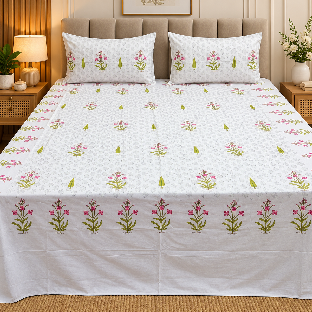 Percale Premium Cotton Hand block Printed Super King-size Bedsheet (300TC)