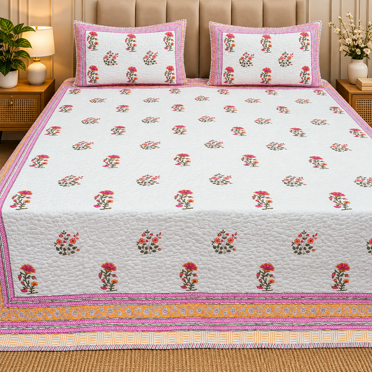 Sanganeri dreams Mul Cotton Handblock Printed king Size Quilted Bedcovers