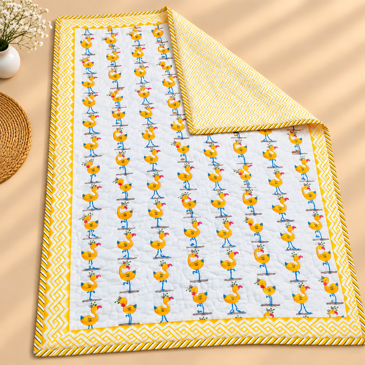 Little Dreamers Sunny Duck Friends Printed Pure Mul Cotton Reversible Baby Quilt