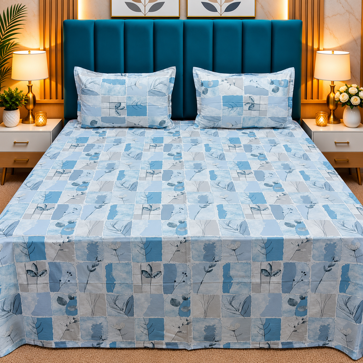 Glory Premium Blue & Grey Abstract Printed Queen Size Pure Cotton Bedsheet