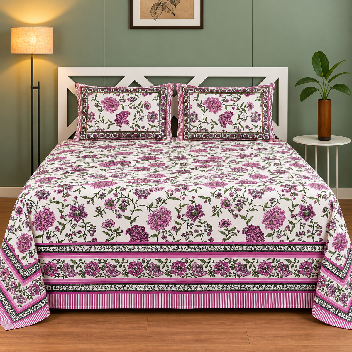 Mughal Utsav Premium Pure Cotton King Size White & Pink Floral Printed Bedsheet Set