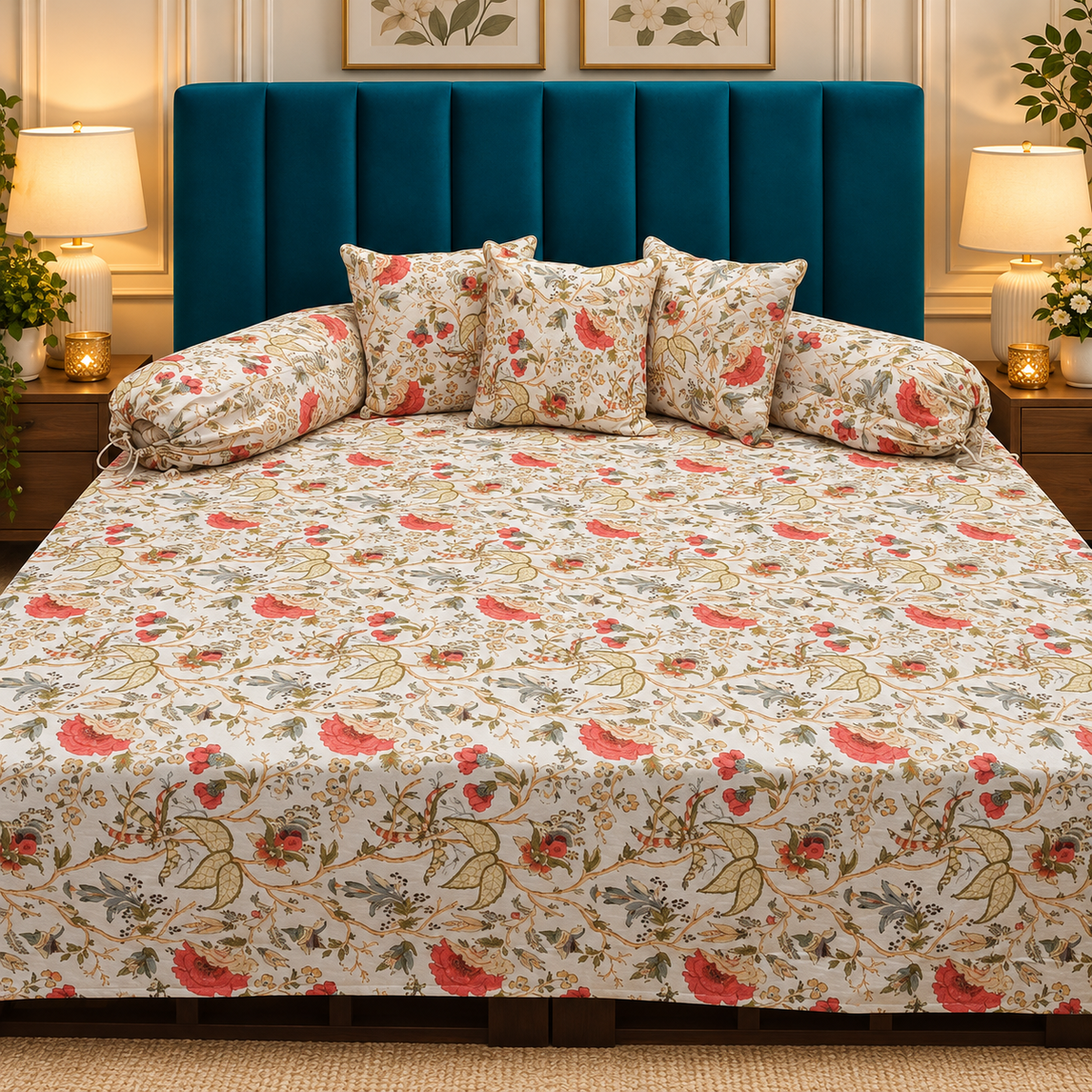 Florenza Premium Beige & Coral Floral Printed 8-Piece Pure Cotton Diwan Set