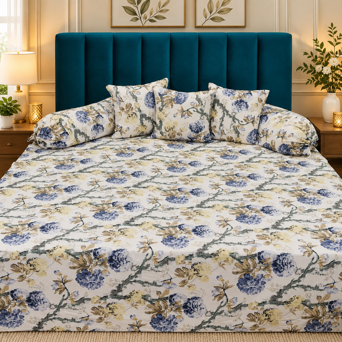 Florenza Premium Blue & Beige Floral Printed 8-Piece Pure Cotton Diwan Set