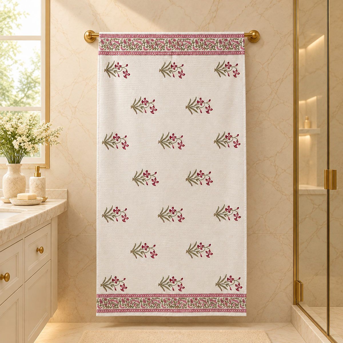 Premium Ivory & Burgundy Floral Handblock Printed Pure Cotton Waffle Bath Towel