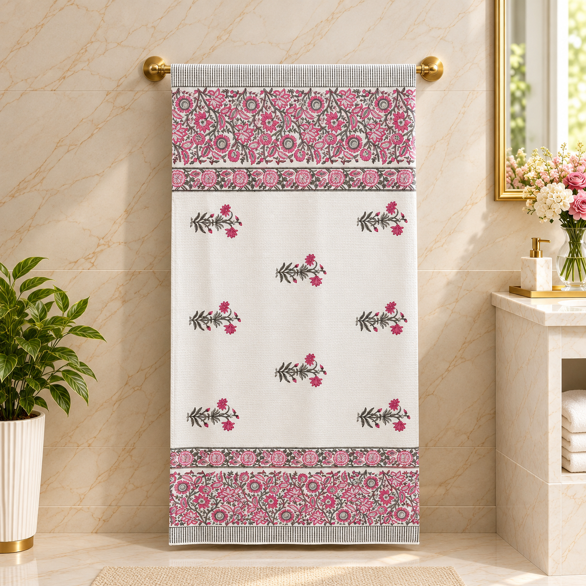 Premium Ivory & Pink Floral Handblock Printed Pure Cotton Waffle Bath Towel