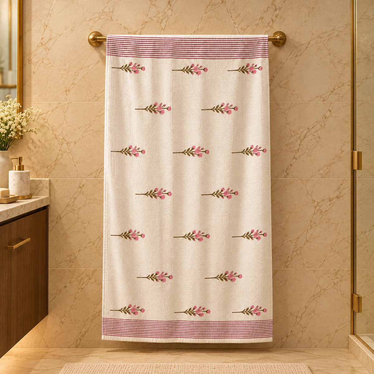 Premium Ivory & Pink Floral Handblock Printed Pure Cotton Waffle Bath Towel